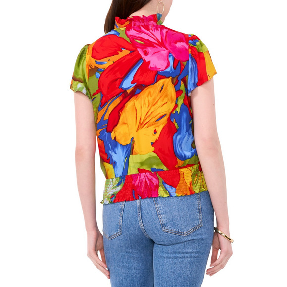 Sam & Jess Women Floral Print Smocked Waist Split Neck Top Orange Floral Size XS - Picture 3 of 3